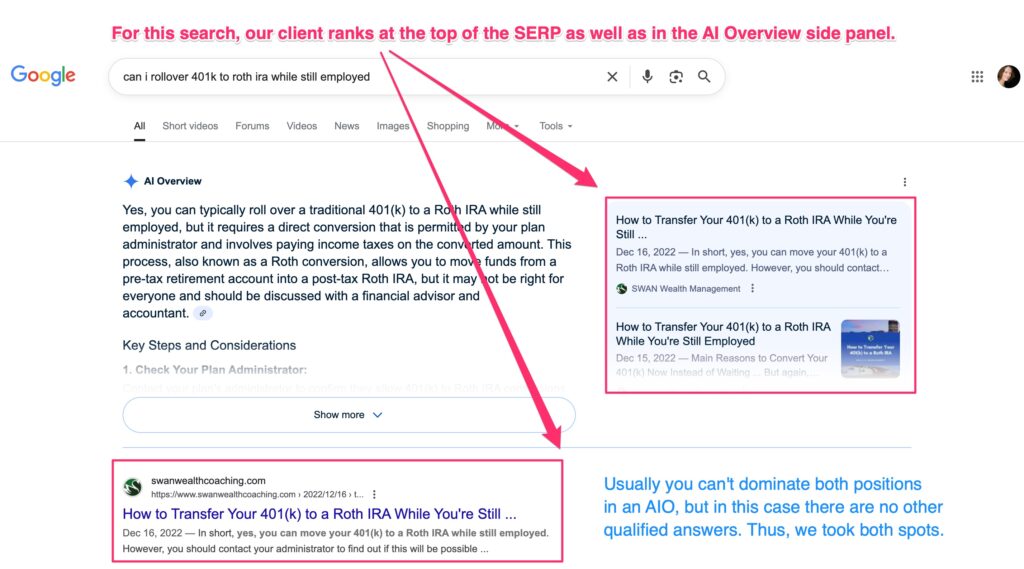 screenshot of Google AIO which shows our client dominating the top 2 results as well as the traditional SERP in position #1